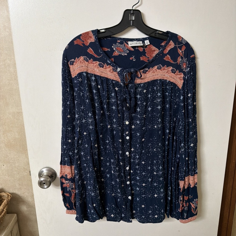 WONDERLY TOP Long Sleeve Button Down Top Long Sleeves Women's 2X - Blue
